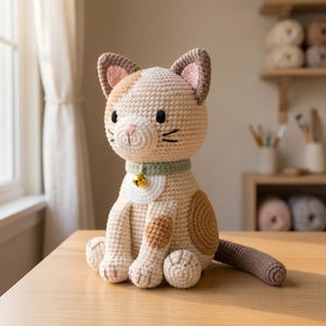 May include: A crocheted cat figurine in cream, tan, and brown yarn. The cat has a light green collar with a small gold bell, pink inner ears, and a white muzzle. It sits in an upright position with a long tail extending to the right side.