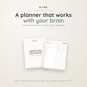 Peut inclure: Un planificateur numérique intitulé The ADHD Daily Life Planner avec une page de couverture et une page de planning quotidien. Le texte indique A planner that works with your brain, ADHD Daily Life Planner, Undated, Print + GoodNotes.