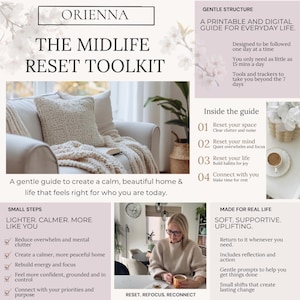 May include: A digital and printable guide titled ORIENNA THE MIDLIFE RESET TOOLKIT. The document features text about gentle structure, small steps, and real life, alongside images of a cozy sofa, a person holding a mug, and a coffee cup.
