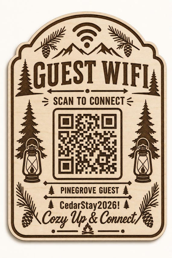 Pine Lantern Guest WiFi Sign, Personalized QR Code, Engraved Birch Cabin Decor