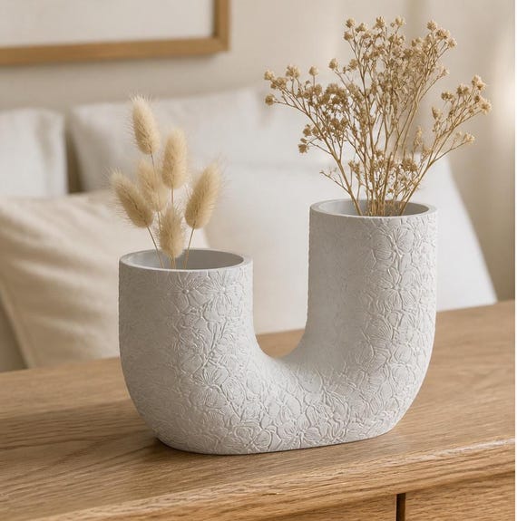 TwinBloom Floral Vase, U Shaped Double Stem Holder with Embossed Botanical Texture for Shelf or Mantel