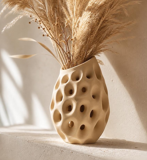 HoneyStone Openwork Vase, Organic Cellular Flower Holder for Dried Botanicals, Mantel or Shelf Decor
