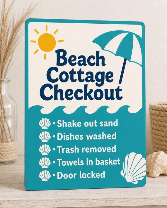 Sunwave Beach Cottage Checkout Sign, Personalized Guest Checklist, Multicolor Coastal Rental Decor