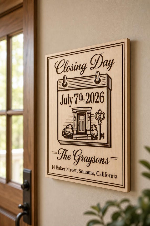 Classic Closing Day engraved birch sign mounted on a warm wall from a close side angle.