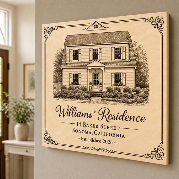 Williams Residence engraved birch house portrait mounted on a refined foyer wall from a close side angle.