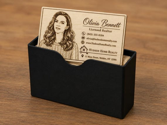 Custom Engraved Birch Business Cards with Portrait, Wooden Realtor Cards, Personalized Logo Contact Cards with Free Case, product view 5