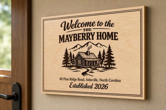 Mayberry Home engraved birch cabin sign mounted on a warm cabin wall from a close side angle.