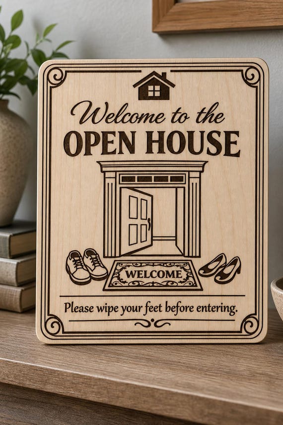 GrandEntry Open House Wipe Feet Sign, Personalized Entry Reminder, Engraved Birch Realtor Decor