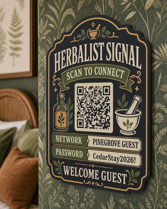 Herbalist Signal Guest WiFi Sign textured multicolor sign mounted on a realistic neutral interior wall from a close side angle in black, olive, cream, and antique gold, showing the QR code and guest network details.
