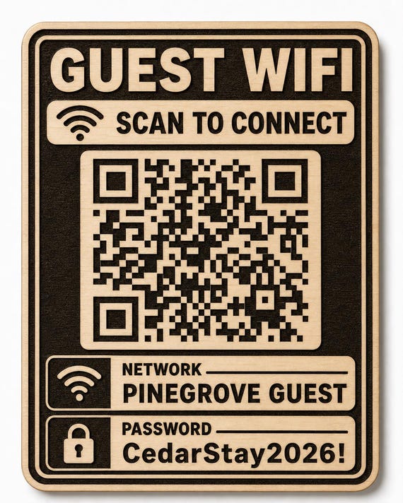 Bold Connect Guest WiFi Sign, Personalized QR Code and Password, Engraved Birch Host Decor