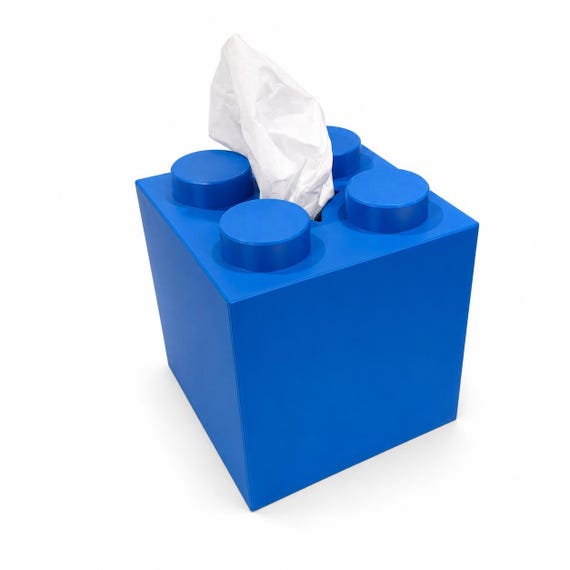 Blue building brick inspired cube tissue box cover on a clean white background