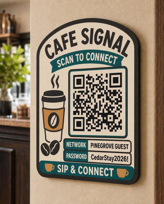 Cafe Signal Guest WiFi Sign textured multicolor sign mounted on a realistic neutral interior wall from a close side angle in cream, espresso brown, and muted teal, showing the QR code and guest network details.