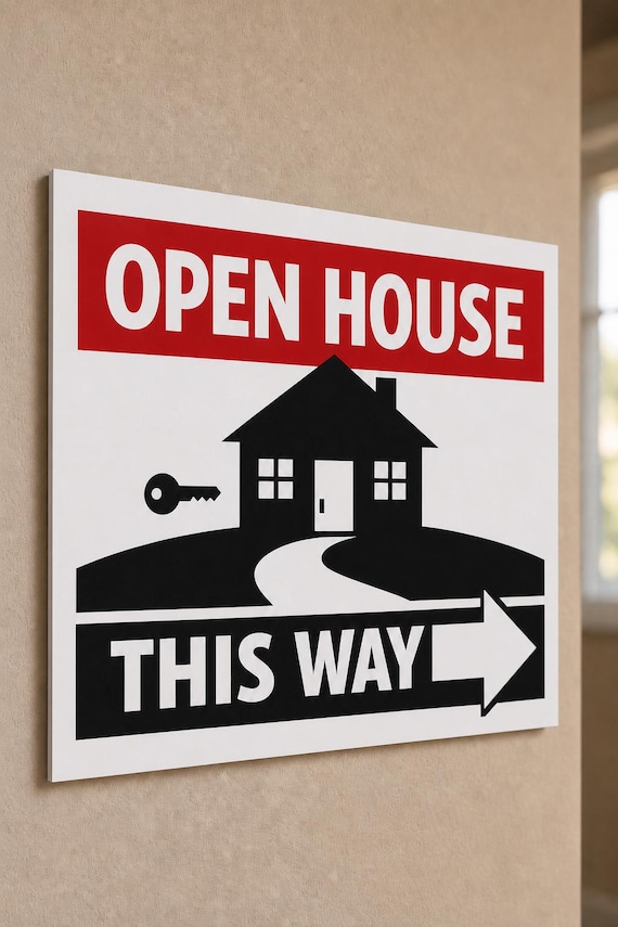 Homeward multicolor open-house direction sign mounted on a warm neutral wall from a close side angle.