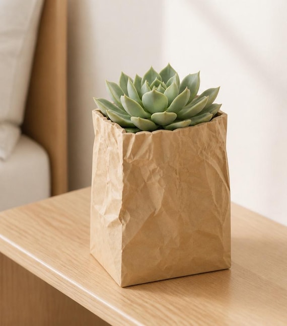 PaperHaven Crumpled Bag Cachepot, Sculptural Kraft Look Planter and Storage Vessel for Modern Home Decor