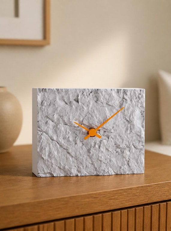QuarryHour Stone Look Table Clock, Chiseled Sculptural Timepiece for Desk, Shelf, Mantel or Bedside Table