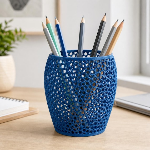 Breezewick Utility Cup, marine blue perforated pencil holder on a modern desk