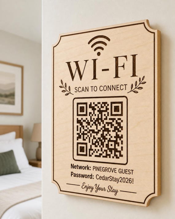 Laurel Welcome Guest WiFi Sign engraved birch sign mounted on a realistic neutral interior wall from a close side angle in natural birch and dark engraving, showing the QR code and guest network details.