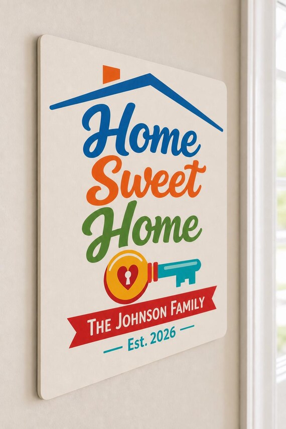 Home Sweet Home colorful family sign mounted on a neutral entry wall from a close side angle.