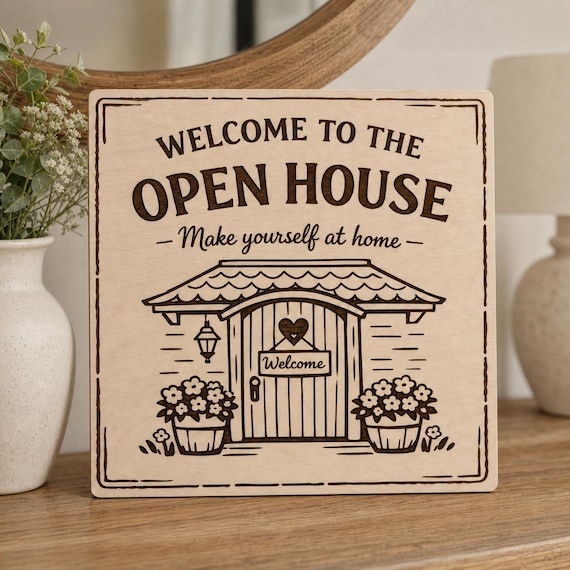 CottageLine Open House Welcome Sign, Personalized Make Yourself at Home, Engraved Birch Realtor Decor