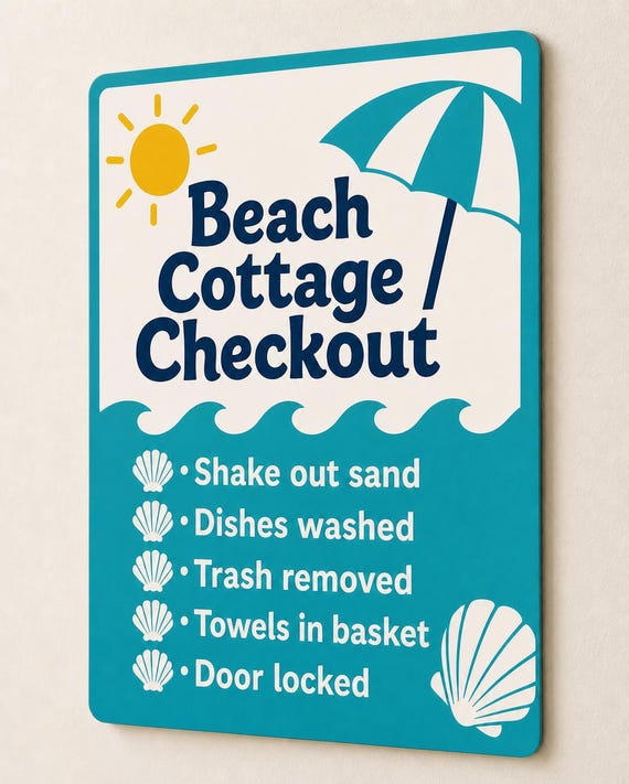 Sunwave turquoise and navy beach cottage checkout sign mounted on a warm-white wall from a close side angle.