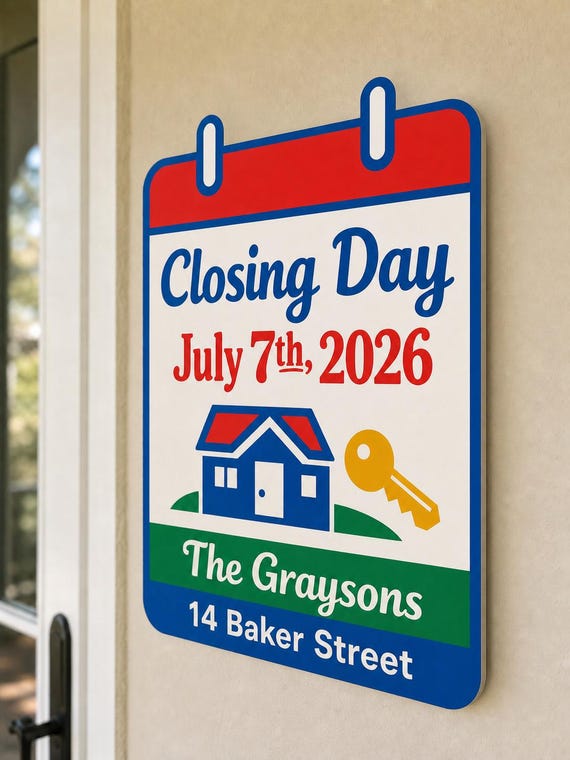 Closing Day colorful calendar sign mounted on a neutral wall from a close side angle.