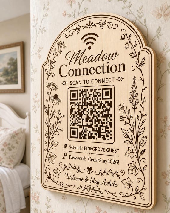 Meadow Connection Guest WiFi Sign engraved birch sign mounted on a realistic neutral interior wall from a close side angle in natural birch and dark engraving, showing the QR code and guest network details.