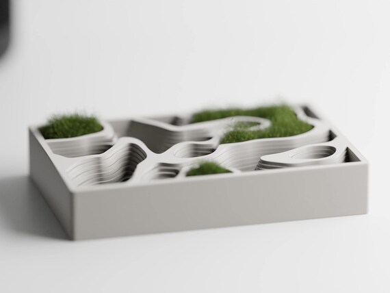 Front view of the Mapwell Organizer Tray topographic tray styled with small patches of dry moss