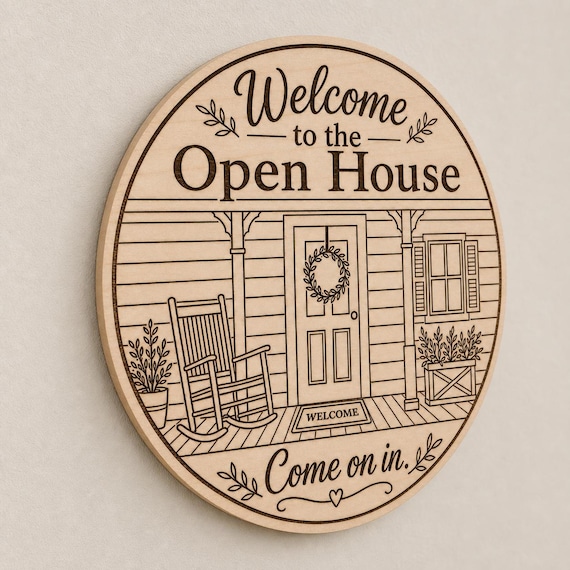 PorchCircle round engraved birch open-house sign mounted on a neutral wall from a close side angle.