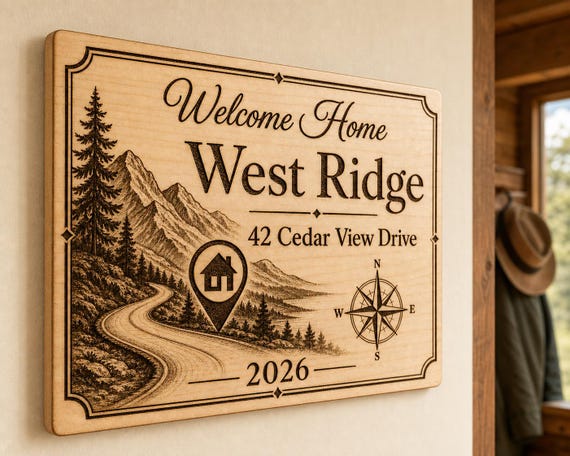 West Ridge engraved birch sign mounted on a warm cabin wall from a close side angle.