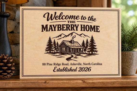 Custom Cabin Portrait Sign, Personalized Family and Established Year, Engraved Birch Closing Gift