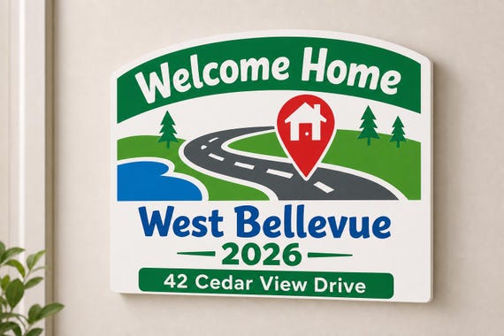 Welcome Home colorful West Bellevue sign mounted on a neutral wall from a close side angle.