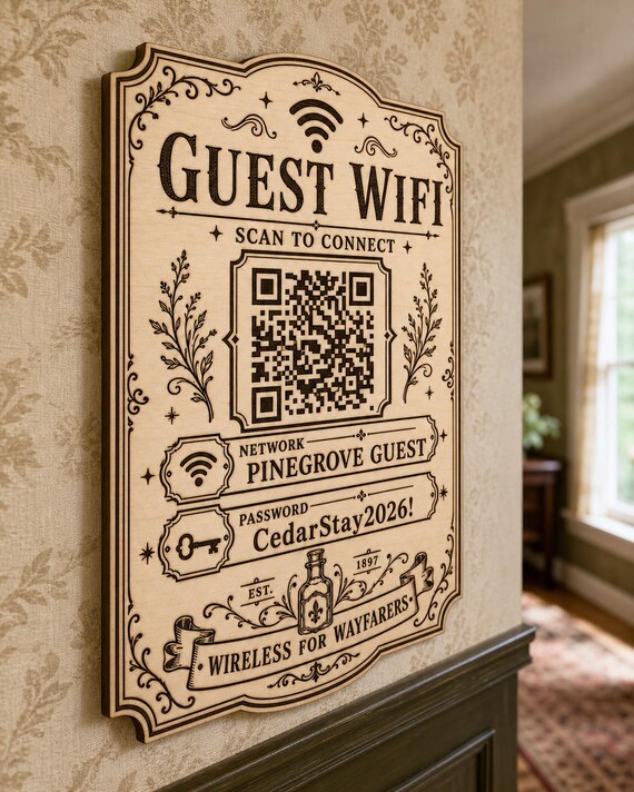 Wayfarer Wireless Guest WiFi Sign engraved birch sign mounted on a realistic neutral interior wall from a close side angle in natural birch and dark engraving, showing the QR code and guest network details.