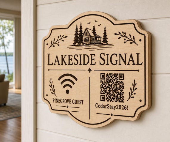 Lakeside Signal WiFi Sign engraved birch sign mounted on a realistic neutral interior wall from a close side angle in natural birch and dark engraving, showing the QR code and guest network details.