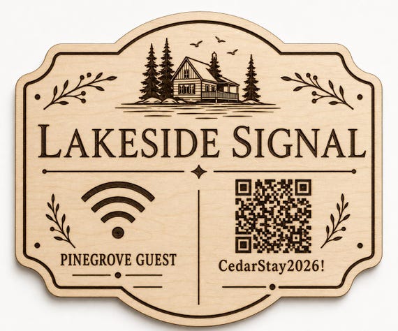Lakeside Signal WiFi Sign, Personalized QR Code, Engraved Birch Lake House Decor