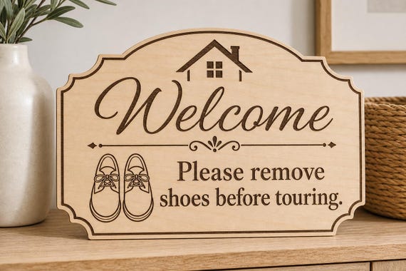 ShoePause Open House Touring Sign, Personalized Remove Shoes Reminder, Engraved Birch Realtor Decor