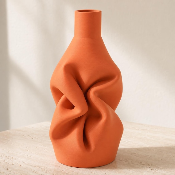 Terracotta LinenFlow Decorative Vase Gathered Fold sculptural vase in a close three-quarter view