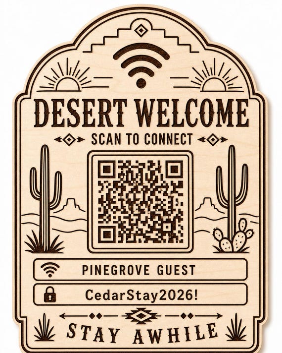 Desert Welcome Guest WiFi Sign, Personalized QR Code, Engraved Birch Southwest Decor