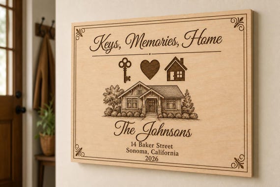 Keys Memories Home engraved birch family sign mounted on a warm foyer wall from a close side angle.