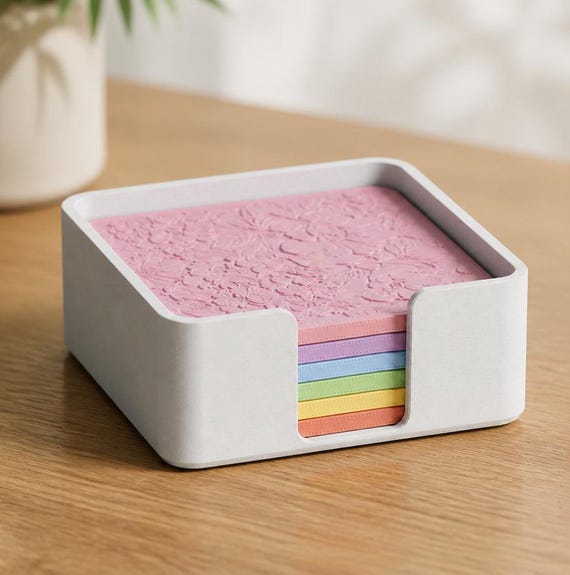 Patchpetal Coaster Set with Holder, Six Patterned Square Drink Coasters, Pastel Coffee Table Decor