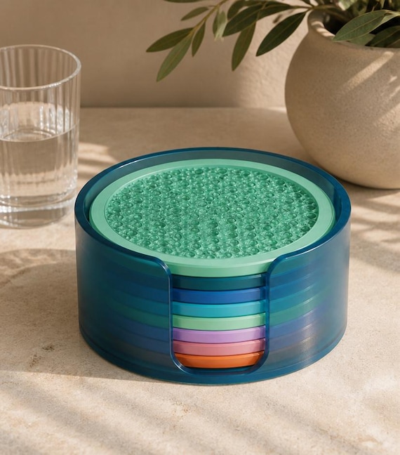Prismtide Coaster Set with Holder, Eight Translucent Round Drink Coasters, Colorful Sea Glass Table Decor