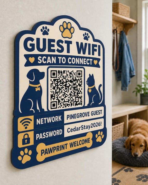 Pawprint Welcome Guest WiFi Sign textured multicolor sign mounted on a realistic neutral interior wall from a close side angle in navy, warm cream, and gold, showing the QR code and guest network details.