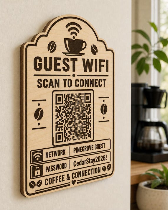 Coffee & Connection Guest WiFi Sign engraved birch sign mounted on a realistic neutral interior wall from a close side angle in natural birch and dark engraving, showing the QR code and guest network details.