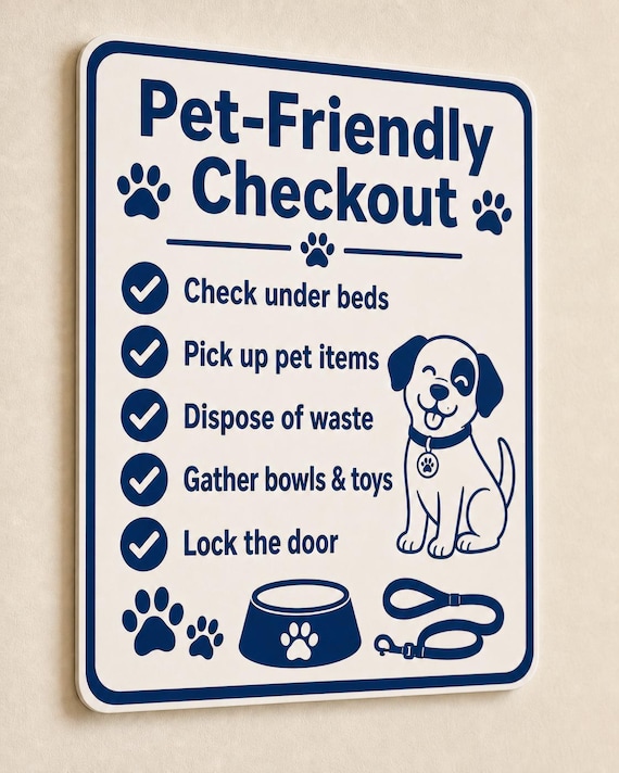 PawStay navy and cream pet-friendly checkout sign mounted on a cream wall from a close side angle.