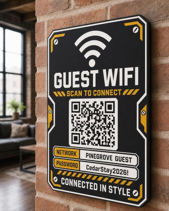 Foundry Signal Guest WiFi Sign textured multicolor sign mounted on a realistic neutral interior wall from a close side angle in black, cream, and antique gold, showing the QR code and guest network details.