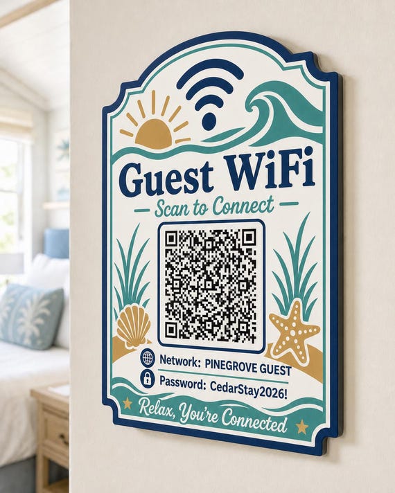 Coastal Current Guest WiFi Sign textured multicolor sign mounted on a realistic neutral interior wall from a close side angle in navy, seafoam, sand, and cream, showing the QR code and guest network details.