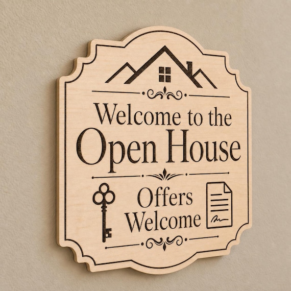 WelcomeOffers engraved birch open-house plaque mounted on a neutral wall from a close side angle.