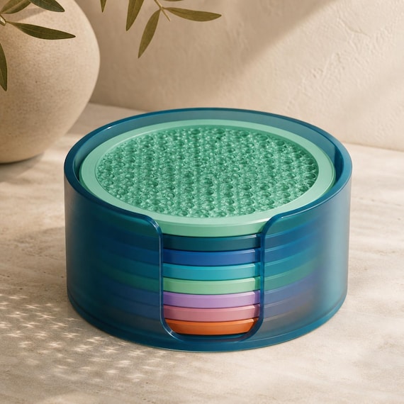 Prismtide Coaster Set, close-up three-quarter view of eight translucent colorful coasters in their round holder