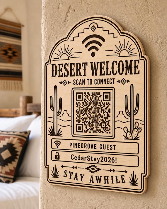 Desert Welcome Guest WiFi Sign engraved birch sign mounted on a realistic neutral interior wall from a close side angle in natural birch and dark engraving, showing the QR code and guest network details.