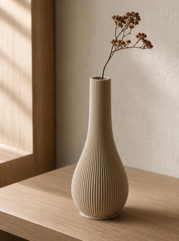 QuietStem Ribbed Bud Vase, Minimal Single Stem Holder for Japandi Shelf, Bedside Table or Dining Decor