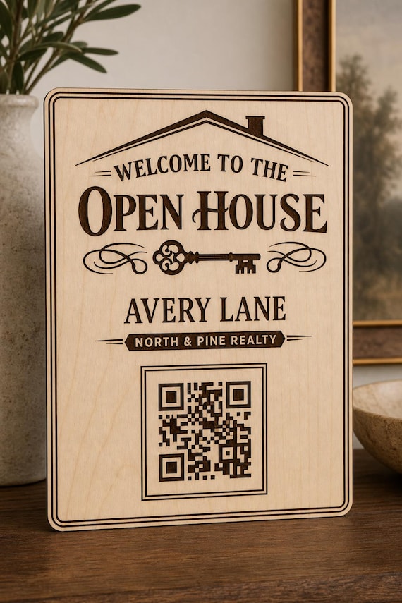 Heritage Key Agent QR Open House Sign, Personalized Realtor Name, Engraved Birch Real Estate Display